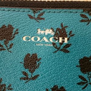 Coach zip around wallet, turquoise/black floral.